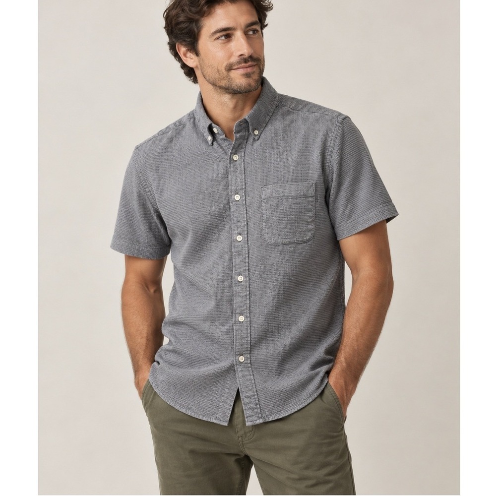 Taylor Stitch Short Sleeve Shirt Mens 42 Gray Waffle Organic Cotton Casual Hem